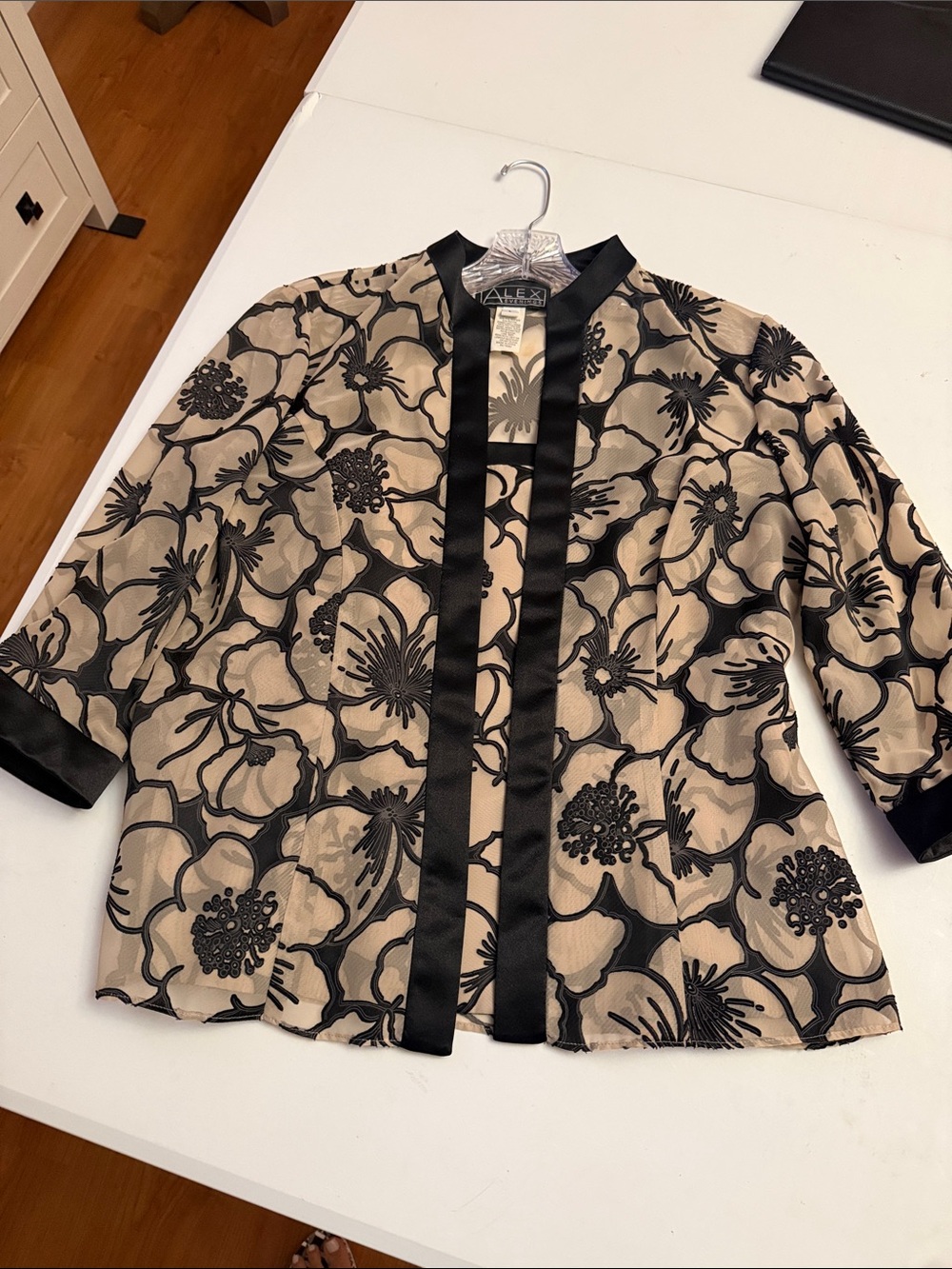 Alex Evenings Black Floral Appliqué Beige Evening Jacket